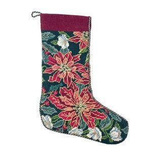 Vintage Wool Needlepoint Poinsettia Christmas Stocking Holiday